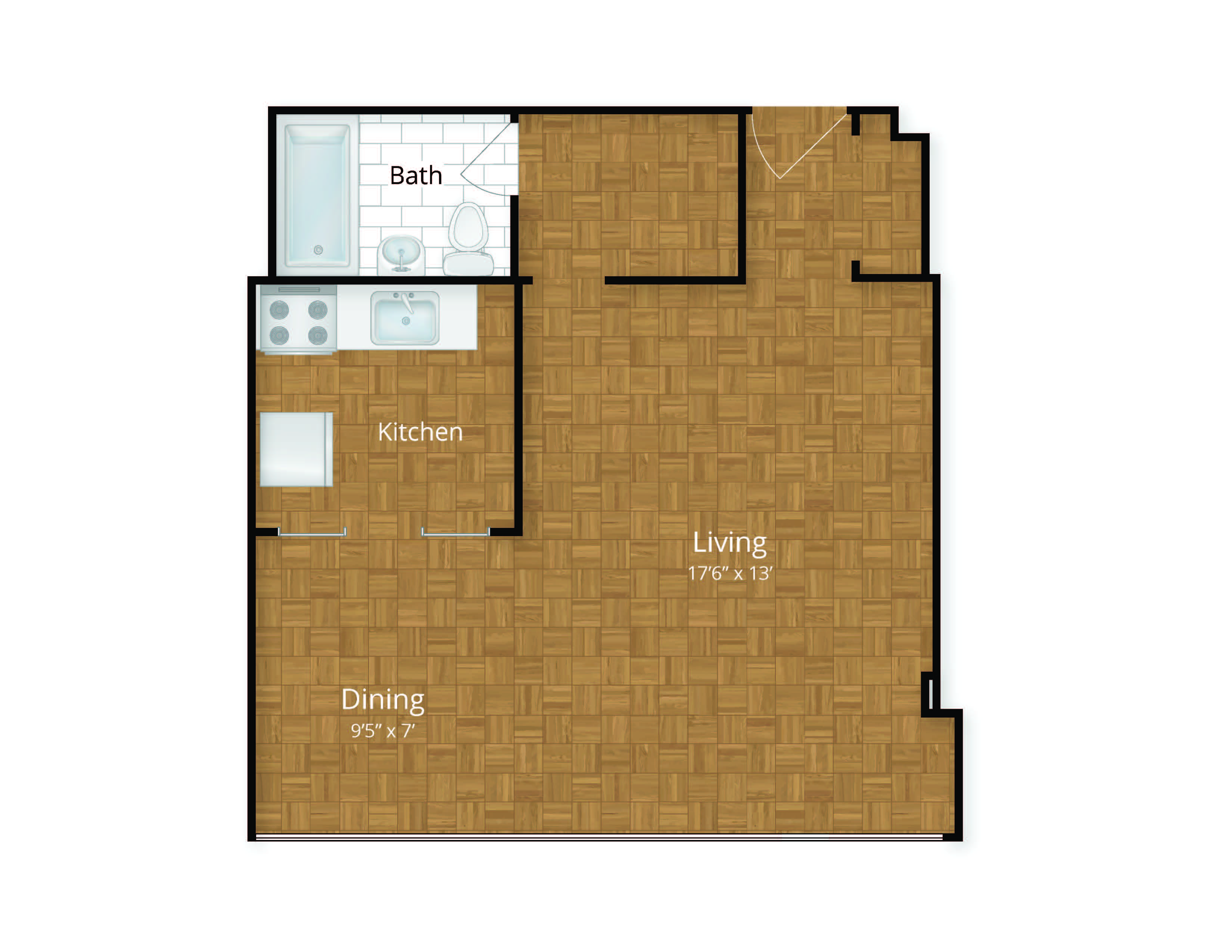 Floor plan for studio, 1 bath, 535 sqft